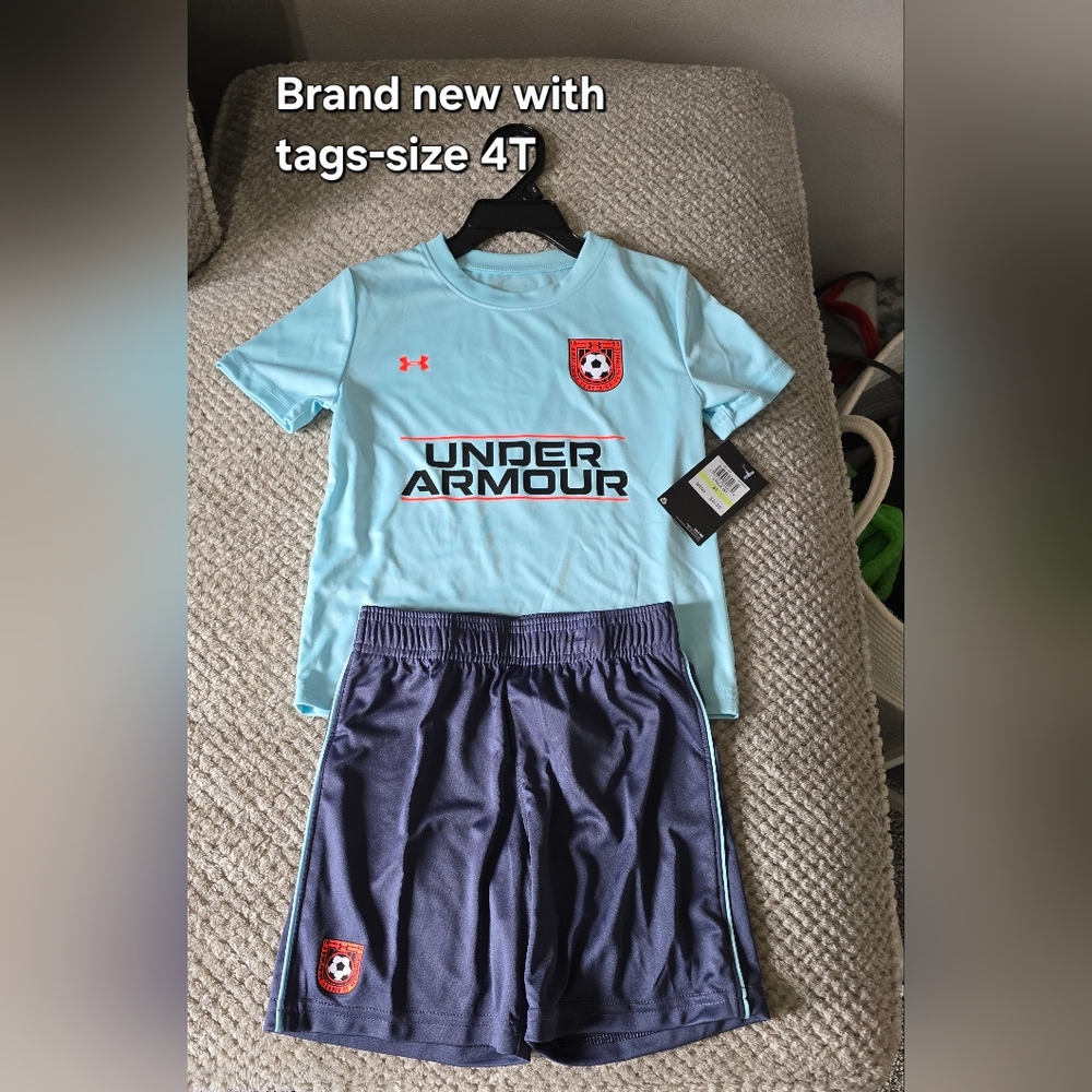 Under Armour Kids Light Blue Soccer Kit with Navy Shorts